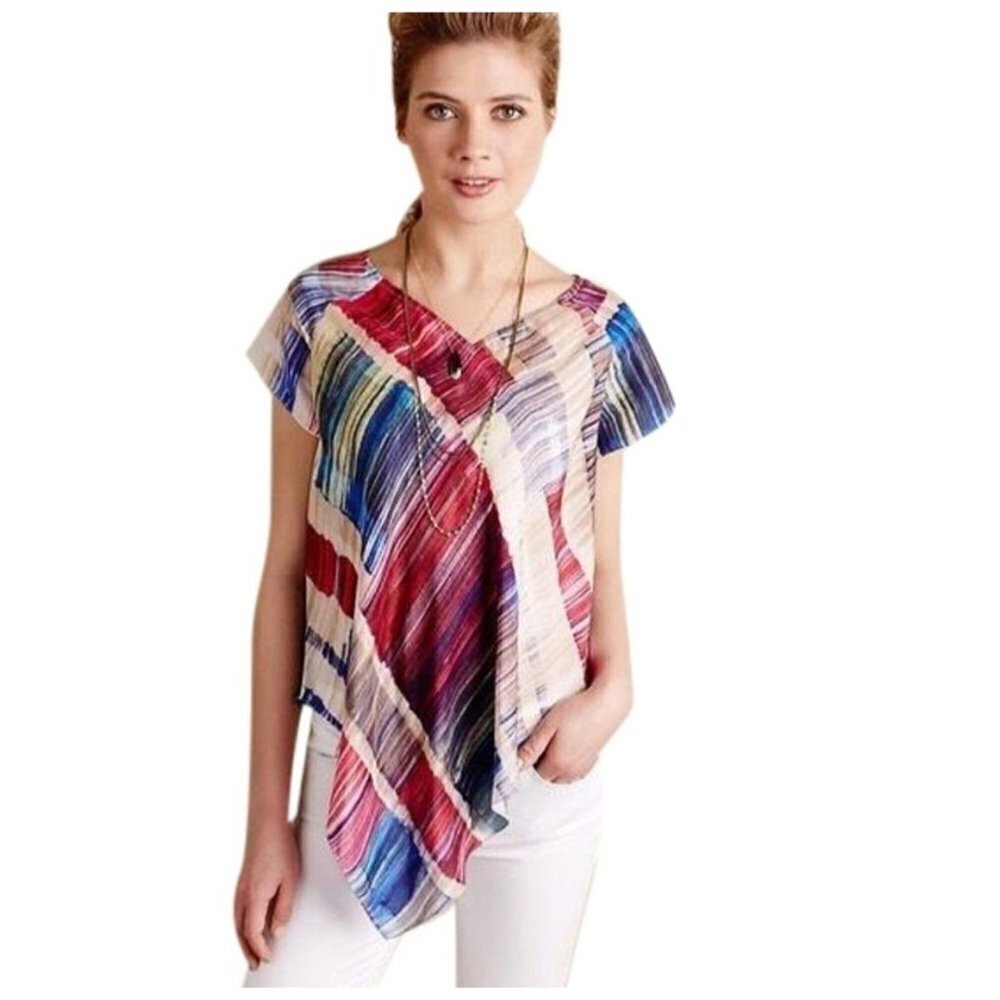TRYB Anthropologie Red White Blue Painted Plaid 100% Silk Tunic Blouse Size S